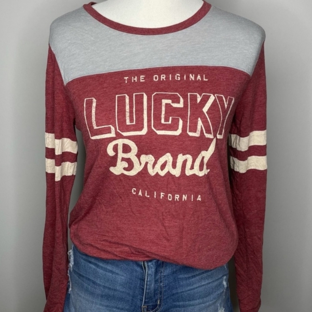 Lucky Brand Red and Cream Long Sleeve Graphic Tee